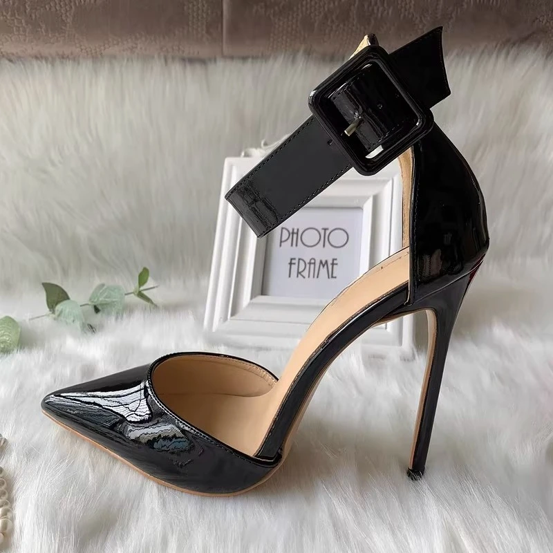 Black Patent Leather Pointed Hollow Belt Buckle Foot Ring with Bag Heel Women's 12cm Fine Heel Catwalk Cool Boots view 2