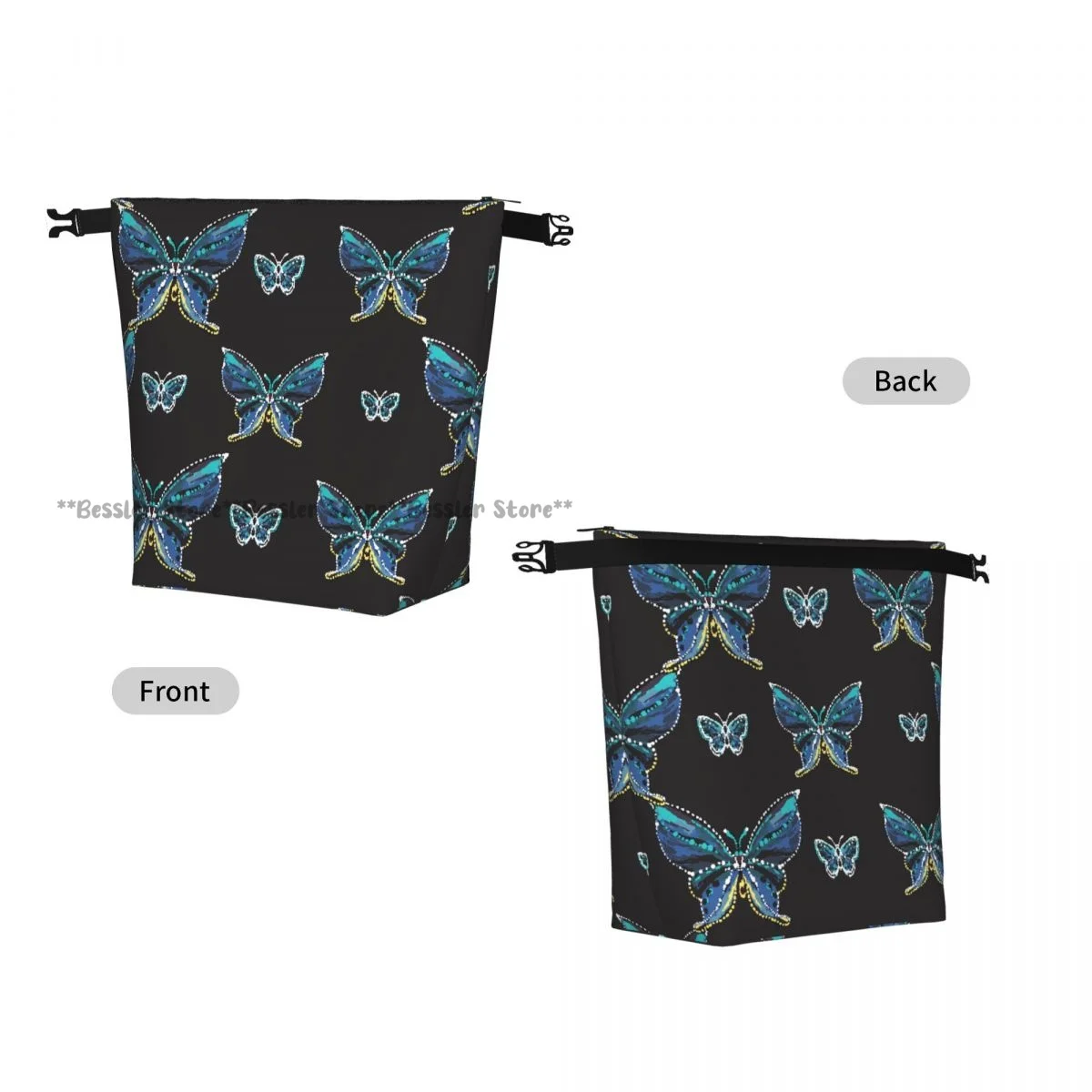 Portable Roll-top Insulated Cooler Lunch Bag Embroidery And Rhinestones Butterfly Thermal Food Bag for Travel Outdoor Camping