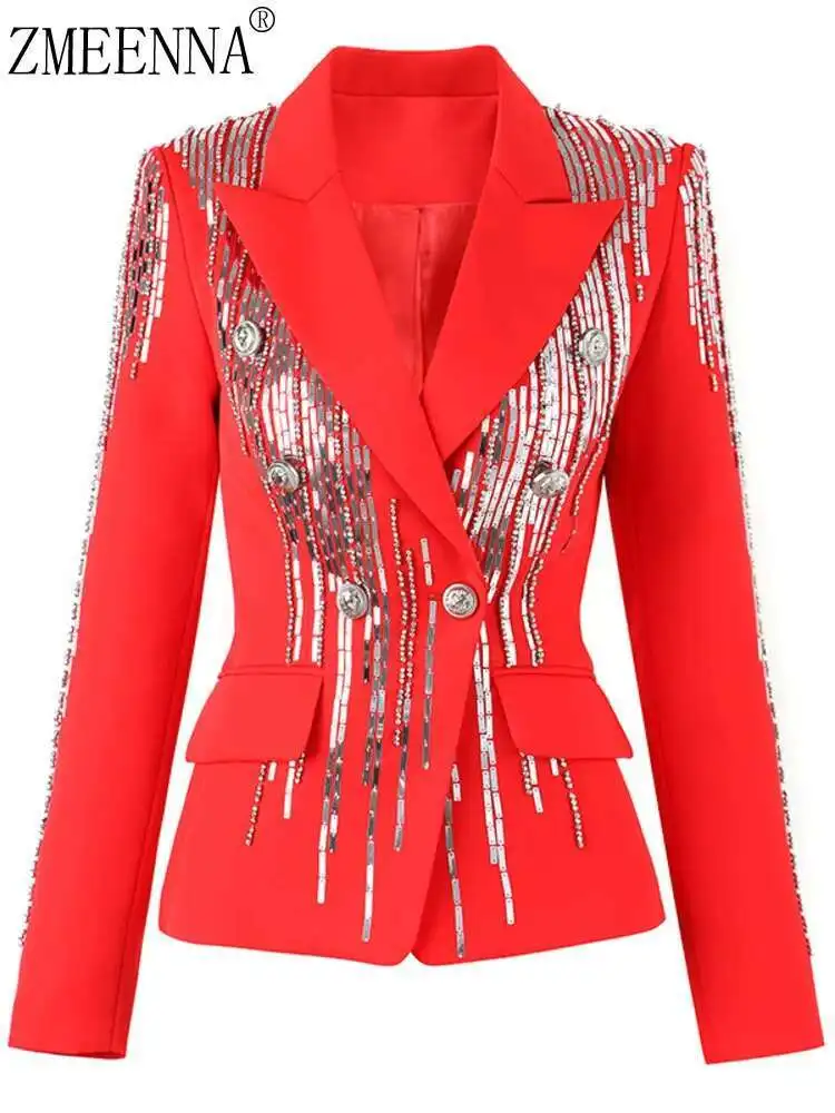 

ZMEENNA Notched Collar Red Double Breasted Patchwork Metal Beads Blazer For Women 2025 Spring Fashion New Coats Jackets ZM536