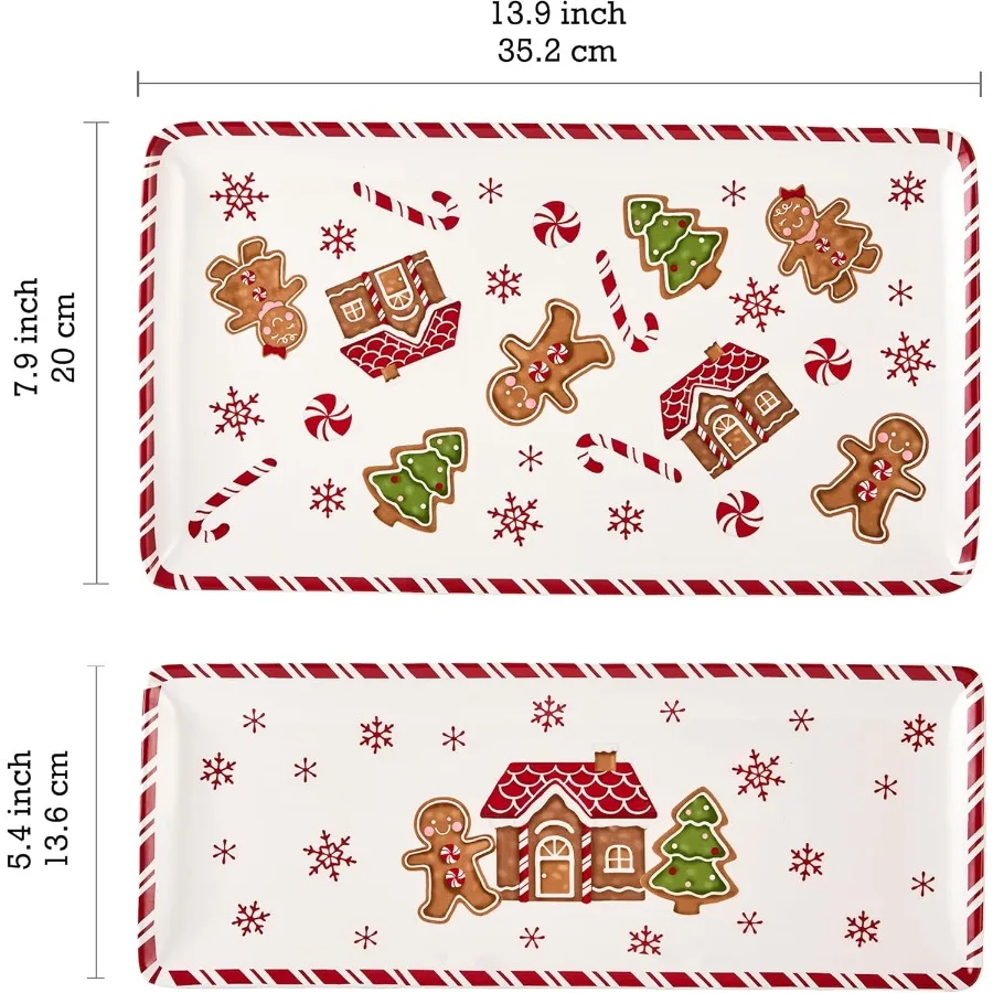 Traditional Gingerbread Man Ceramic 14 Inch Rectangular Serving Platter Set of 2 for Serving Salad Pasta Cheese Ham Appetizer M