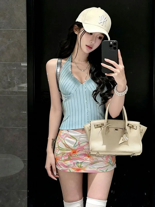 

Summer New Sweet Soft Stripe V-Ne Hanging Ne Vest Women High Sensation Ba Exposure Sexy Skirt Set Women's Faion