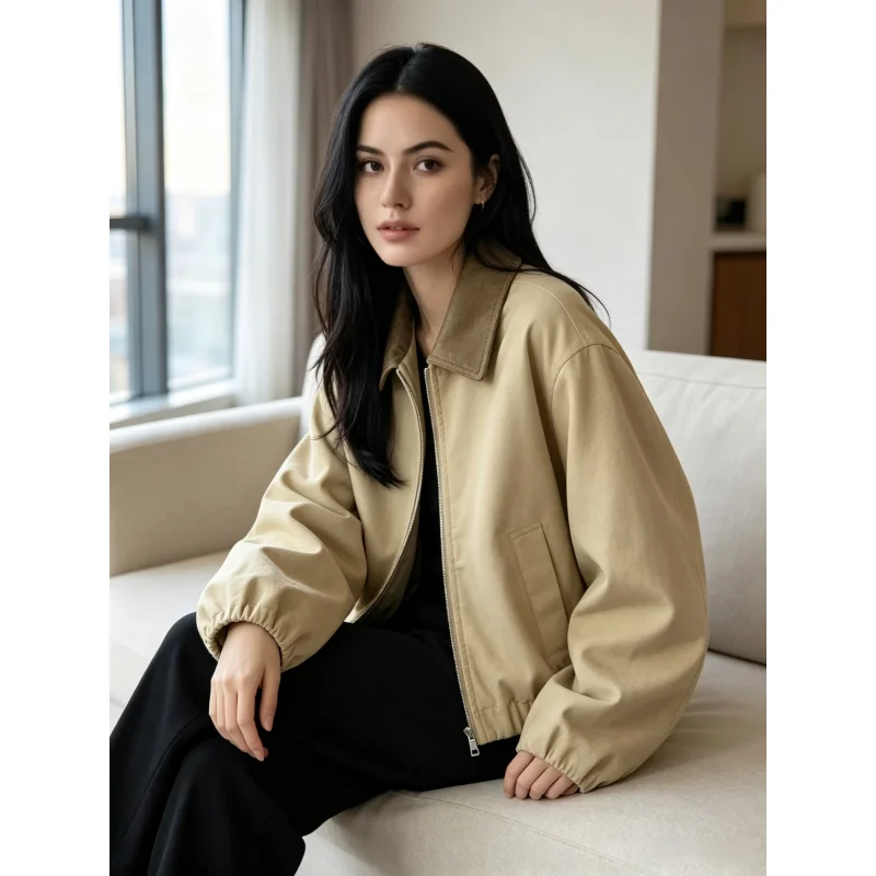 Women Minimalist Khaki Long Sleeve Coat 2026 Fall High Quality Loose Fit Casual Work Jacket Simple Fashion Casual Work Outerwear