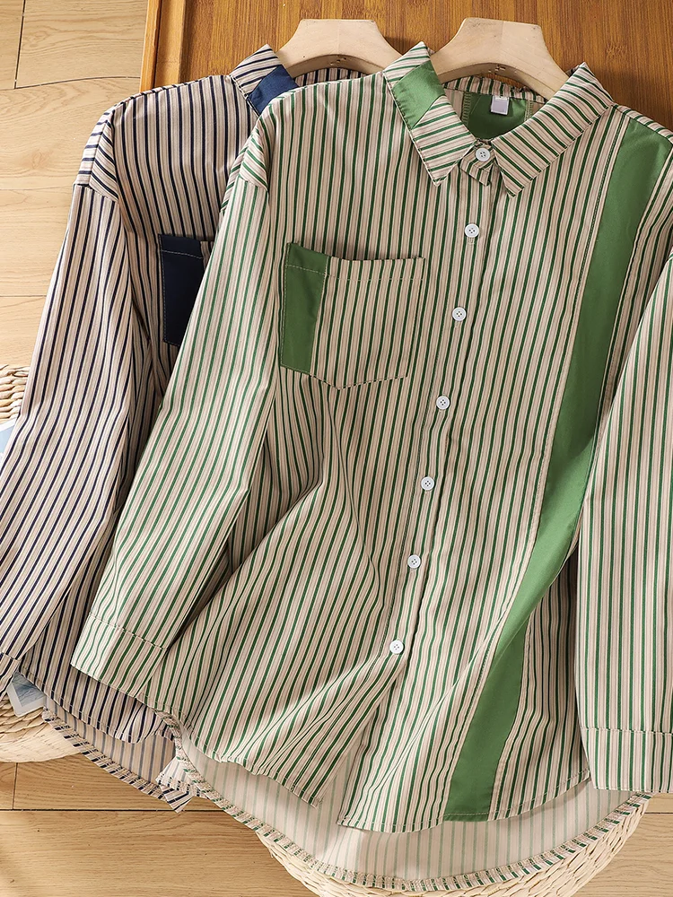 

Retro Striped Cotton Linen Long Sve irt Women's Outerwear Top Brand Store Tailored Goods Commute Sle Loose Fit irt