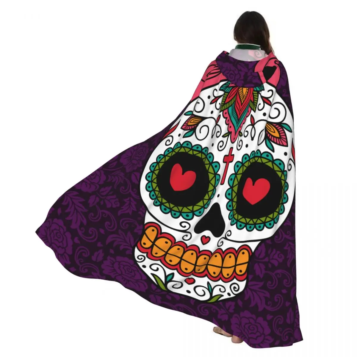 

Унисекс взрослый мексиканский плащ с сахарным черепом для девочек с капюшоном, длинный костюм ведьмы, косплей
