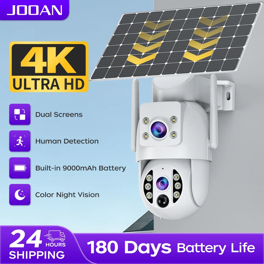JOOAN 4K Outdoor Solar WiFi Camera Dual Lens PIR Human Detect Night Vision Low Power Battery IP Camera CCTV Security Protection