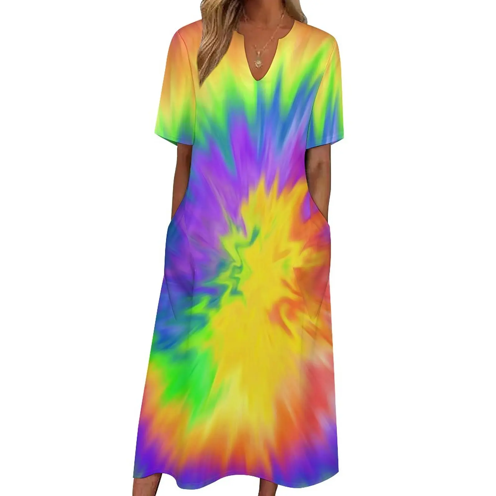 Abito colorato Tie Dye abito lungo da festa con stampa arcobaleno con scollo a V Design Boho Beach abiti lunghi vestiti estetici oversize