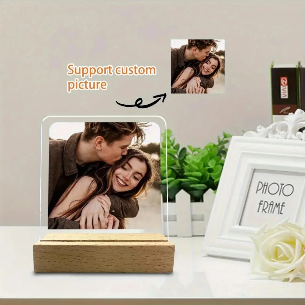 Custom Photo Acrylic Frame With Wooden Base Personalized Photo Desktop Picture Display Gift For Couple Family Wedding Anniversar