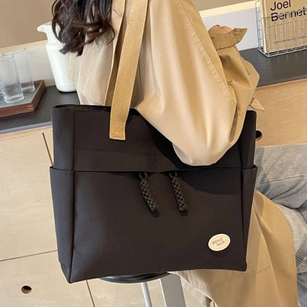

Casual Solid Color Canvas Tote Bag Multi Pocket Japanese Style Simple Handbag Large Capacity Shoulder Bag Travel