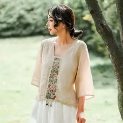 Women Summer Fashion Elegant Loose Embroidered Cotton and Linen Square Collar 3/4 Sleeve Shirts Ladies Casual All-match Tops