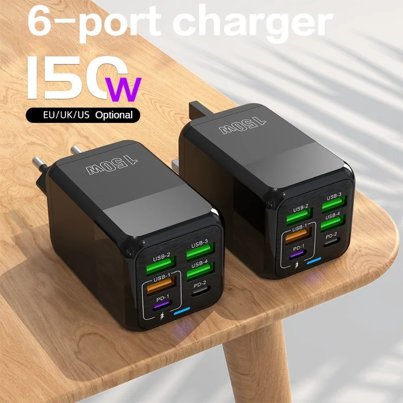 150 Вт, 6 портов PD QC 3.0 USB C, быстрое зарядное устройство, настенный адаптер, сверхбыстрая зарядка для IPhone, Samsung, IPad, Xiaomi, Huawei Oneplus OPPO