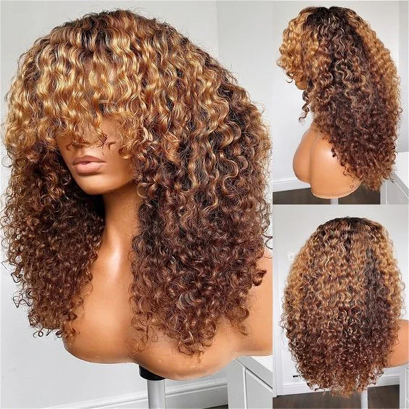 26 ”Lijmloze Lange Ombre Bruine Kinky Krullende Machine Pruik Met Pony Voor Zwarte Vrouwen Hittebestendige Baby Haar Pretokkelde Dagelijkse Pruiken