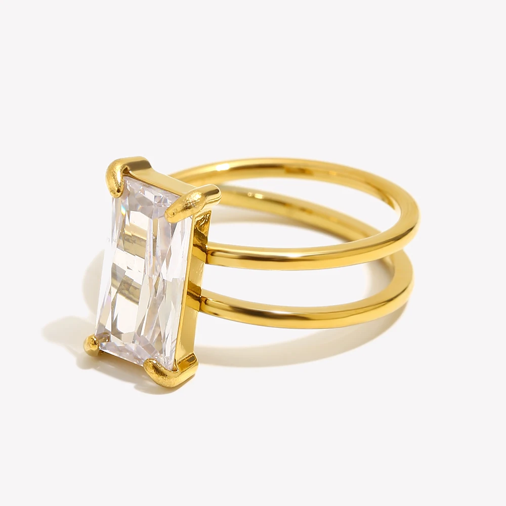 E.B.belle Double Layer Asymmetric Rectangular Rhinestone Ring Waterproof 18K Gold Plated Stainless Steel Jewelry For Ladies