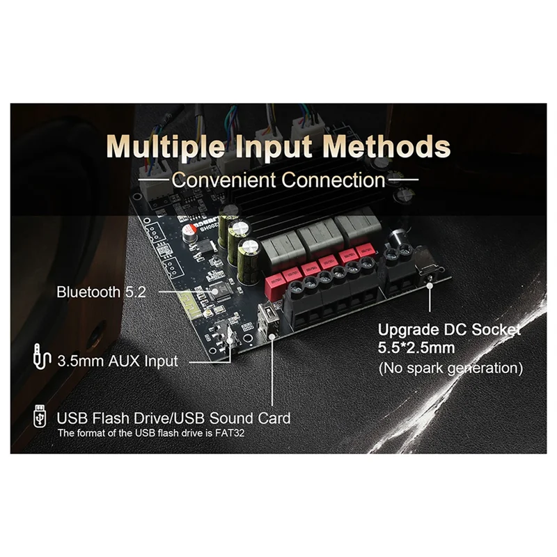 

ABMF-NEW S200HS-W Bluetooth 5.2 Плата цифрового усилителя сабвуфера 2,1 канала 100 Вт + 100 Вт + 200 Вт Широкое напряжение 12-24 В Стерео Hi-Fi