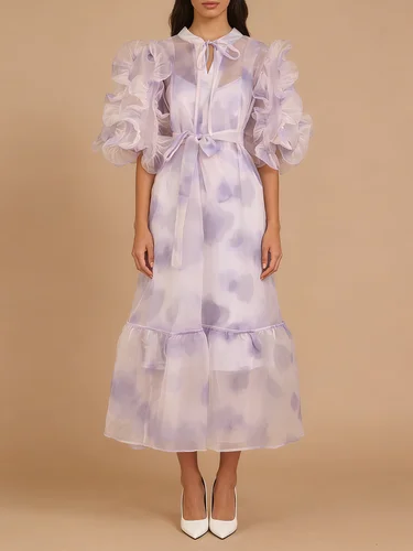 Imagen 2 del producto Vestidos Midi de Organza con Estampado Tie-Dye Lila VGH para Mujer, Cuello de Lazo, Mangas Abullonadas, Falda Escalonada Ajustada con Tirantes para Citas Románticas