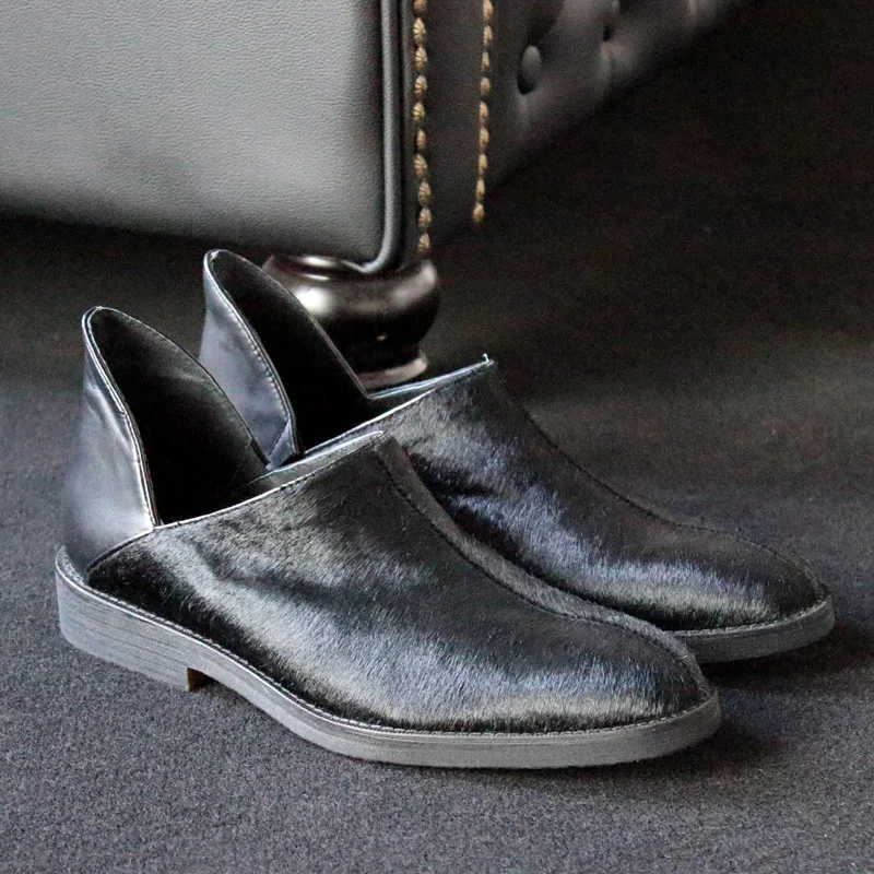 Black Horsehair Spliced Leather Slip-On Loafers Men Casual Shoes Retro Daily Walking Footwear