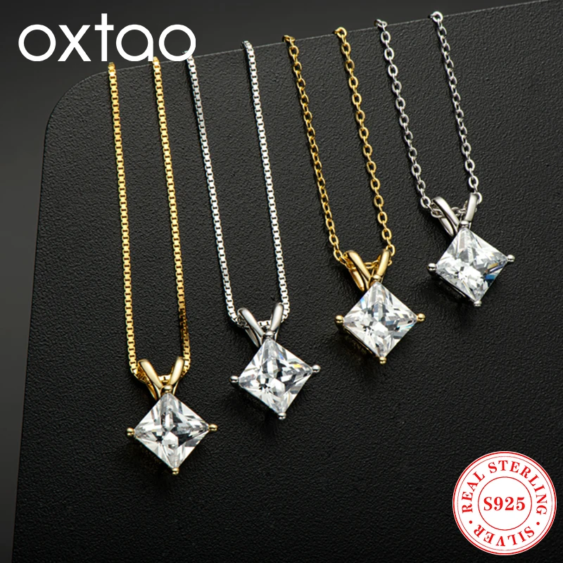 

OXTAO INS-style Ladies Necklace Zircon 925 Sterling Silver Choker Chain Solitaire Diamond Pendant Necklace Wedding Jewelry Gift