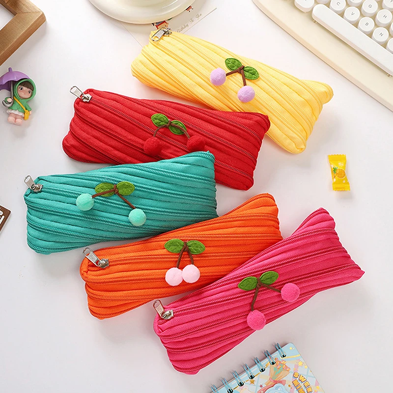 Cute Girl Multicolor Cherry Pencil Case Large Capacity Zipper Nylon Pencil Case Student Stationery Multifunction Storage Pen Bag