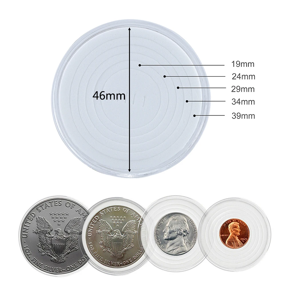 10PCS 46mm Collection Coin Capsule Case Storage Box with 5 Sizes (19/24/29/34/39mm) Foam Gaskets for Challenge Coin Holder