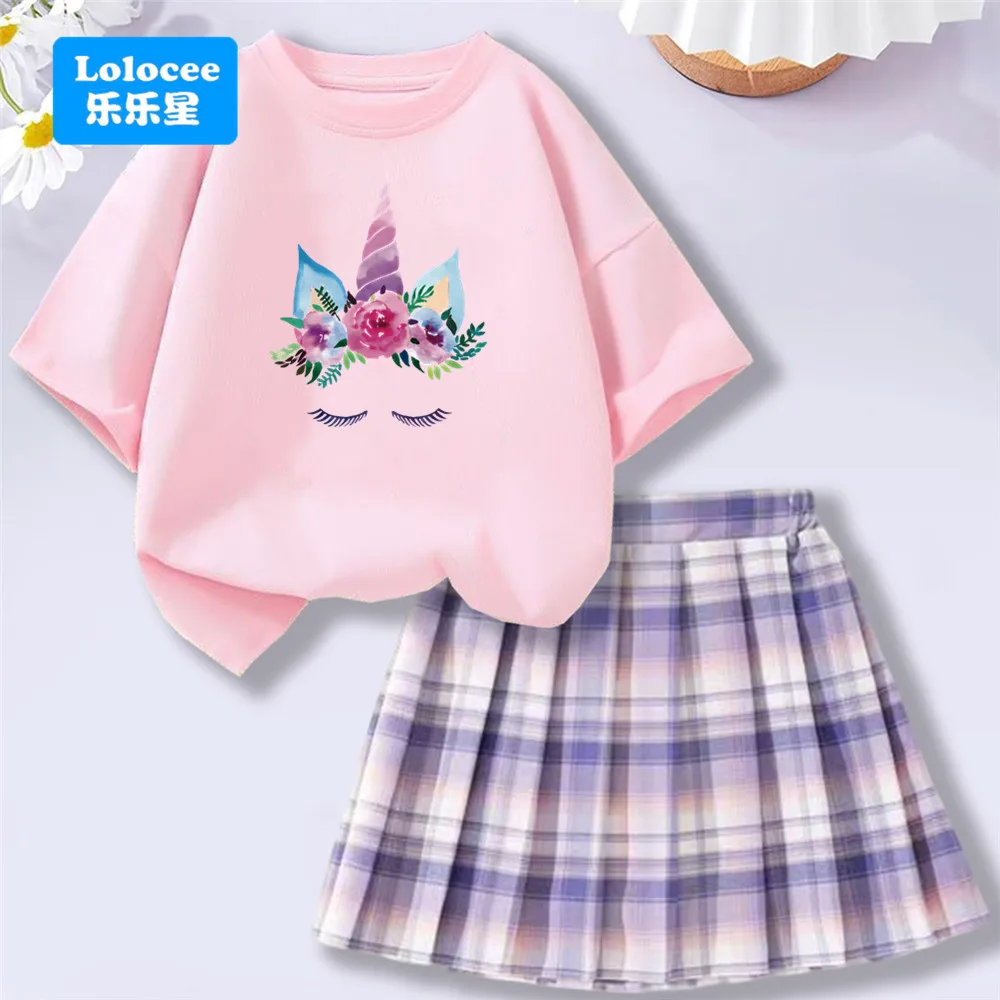 Girls' Cute Floral Unicorn Tee Shirt & Plaid Skirt 2 Piece Clothes Set School Short Sleeve Top Bottom Outfits