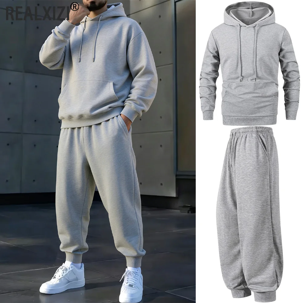 

Men's Sports Suit Spring Autumn Solid Color Casual Two Pices Sets Multi-pocket Work Hooded Sweatshirt and Sweatpants Sportswear