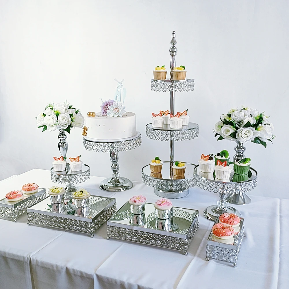 3Pcs -17Pcs/lot 3 Tiers Cupcake Tower Stand with Hanging Crystal wedding Party Cake Tower cake stand set Silver color baby show