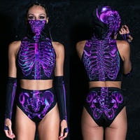 Women CyberPunk Skull Print Cosplay Costume Halloween Party Colorful Psychedelic Tops Shorts Modern Dance Two-piece Rave Outfits