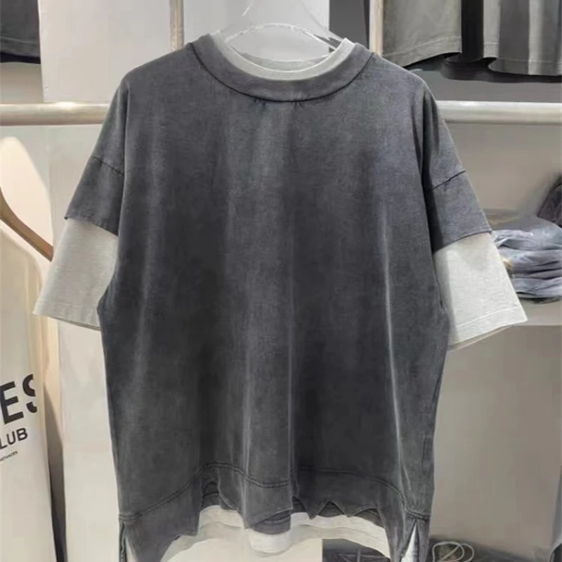 

Vintage Patchwork Wash Water T-shirt Summer Break Two T-shirts Best Quality Men's Women's Hip Hop Casual Short Sleeve T-shirt