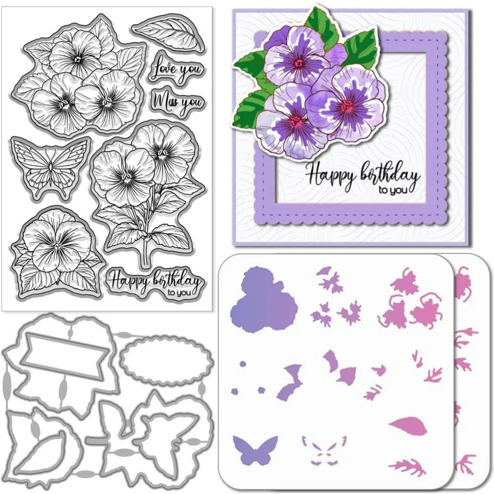 Transparente Stempel mit Stiefmütterchen und Schmetterlingen und PET-Farb-Bastelschablonen für die Kartenherstellung, Scrapbooking, Basteln, DIY-Prägung