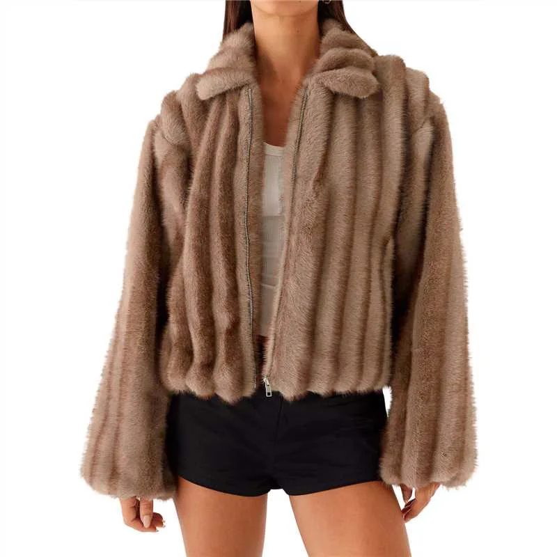 معطف نسائي من الفرو الصناعي بياقة مقلوبة وأكمام كاملة وسحاب ملابس خارجية نسائية موضة شارع العليا سميكة ودافئة ملابس خارجية للسيدات
