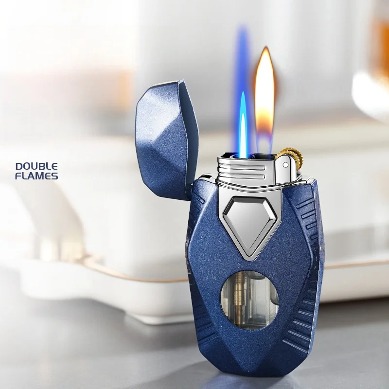 Metal Diamond Double Flame Butane Gas Lighter Visual Gas Window Creative Open Flame Conversion Jet Flame Cigar Lighters Smoking