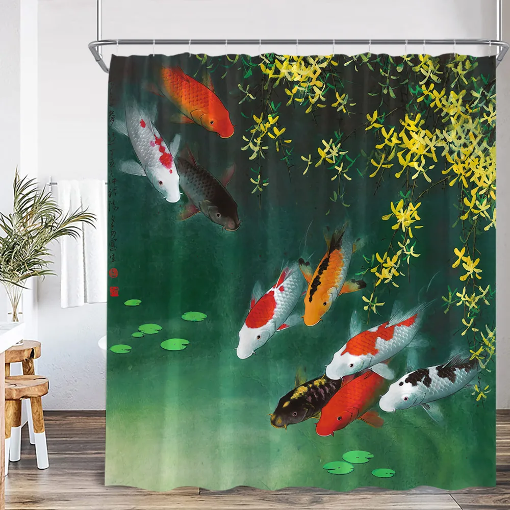 Koi Fish Oriental Watercolor Shower Curtain Asian Japanese Style Lotus Carp in Pond Ink Painting Bathtub Curtain Decor with Hook