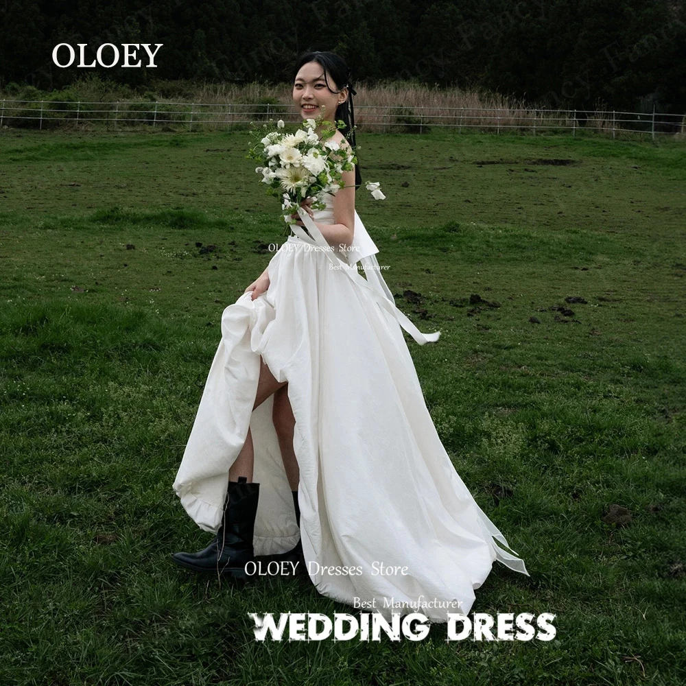 

OLOEY Simple Ivory Strapless Wedding Dress Korea Photoshoot High Low Length Pleats Satin Bridal Gown Sleeveless Custom Made