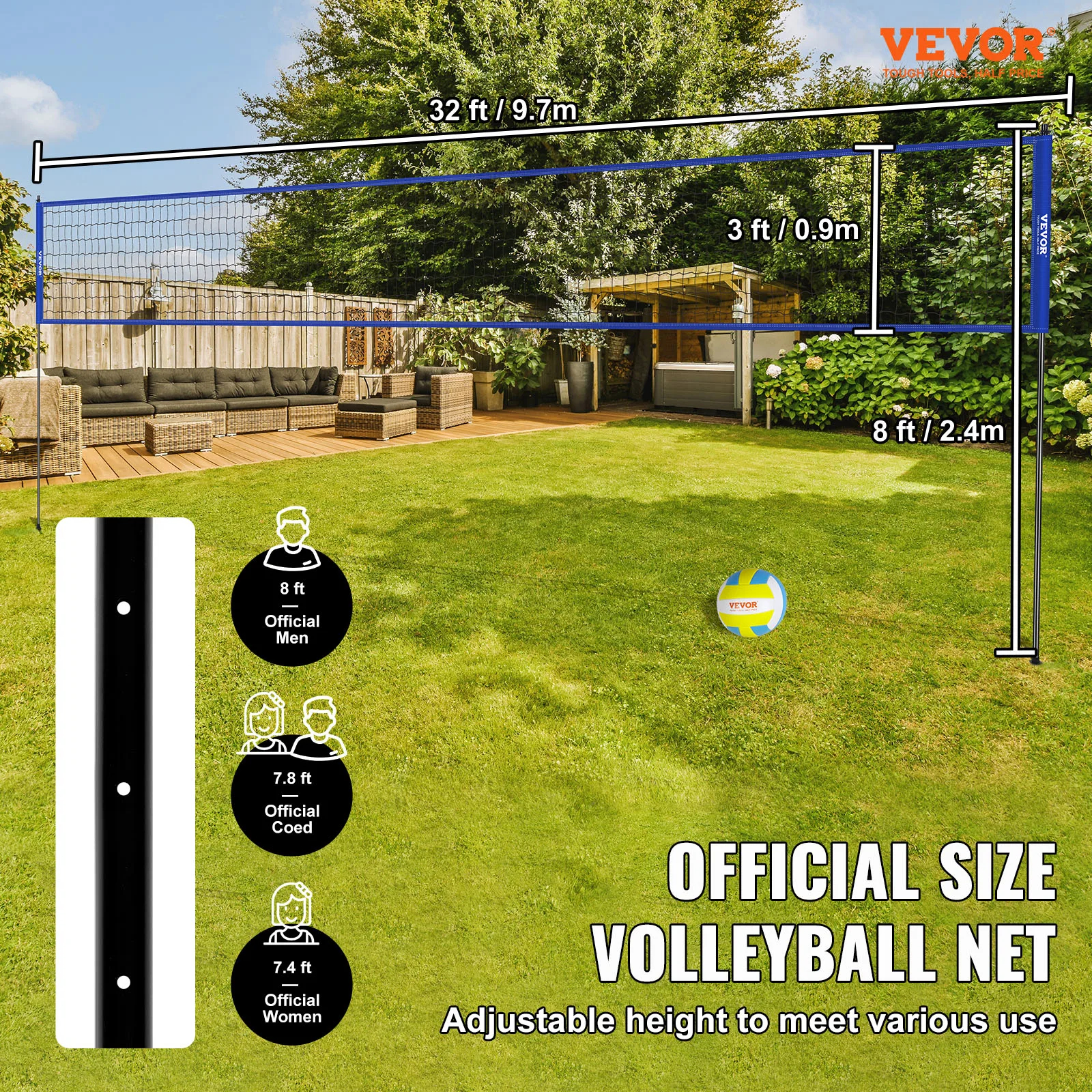 VEVOR Outdoor Volleyball Net System Adjustable Height Steel Poles with PVC Volleyball Pump Carrying Bag for Backyard Beach Lawn