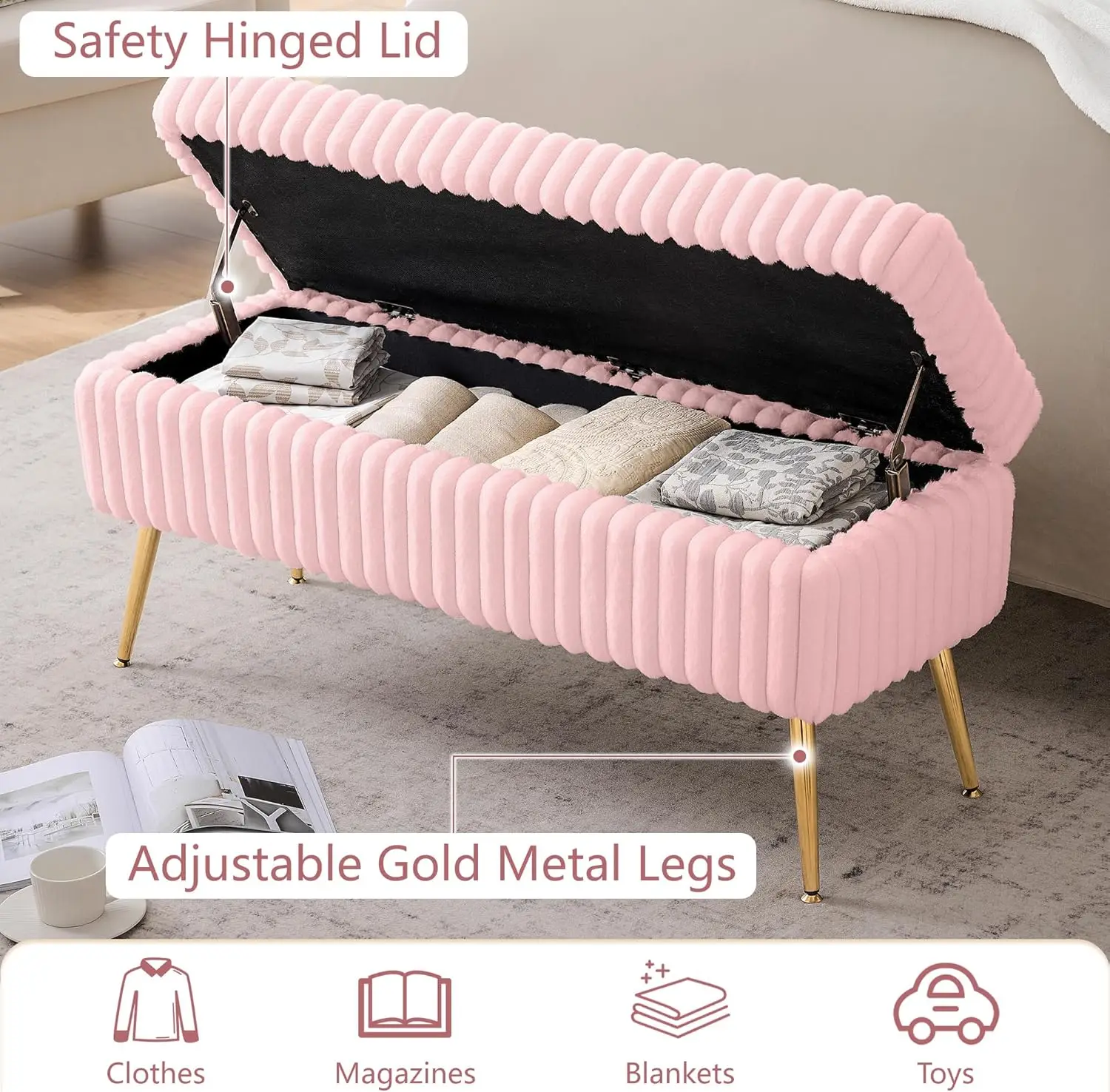 44''  Bench for Bedroom, Upholstered End of Bed Storage Bench with Gold Metal Legs, Modern Storage Bench with Seating for Living