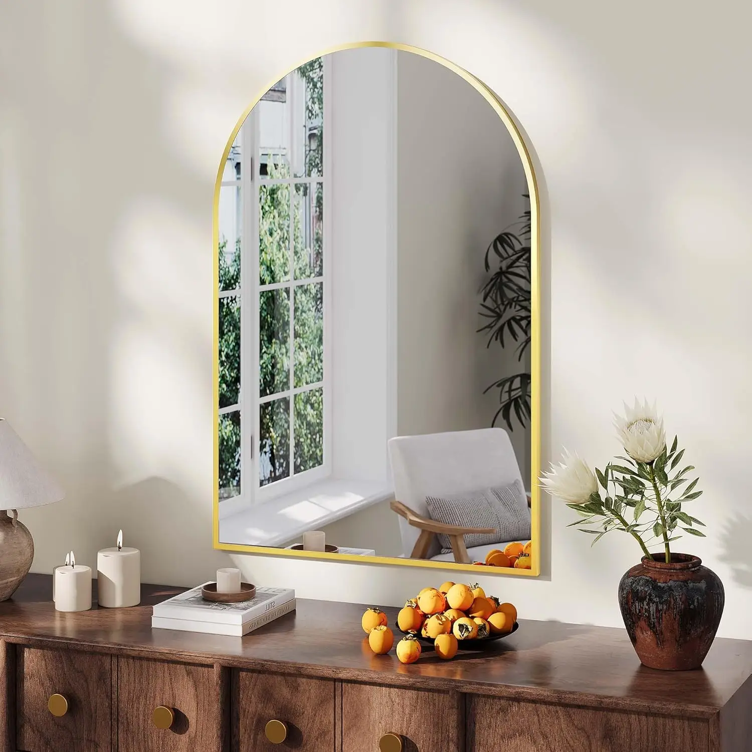 Modern Arched Wall Mirror with Tempered Glass, Aluminum Alloy Frame, Tempered Explosion-Proof Glass, Arched Design, Wall-Mount or Leaning, For Bathroom Gym Entryway