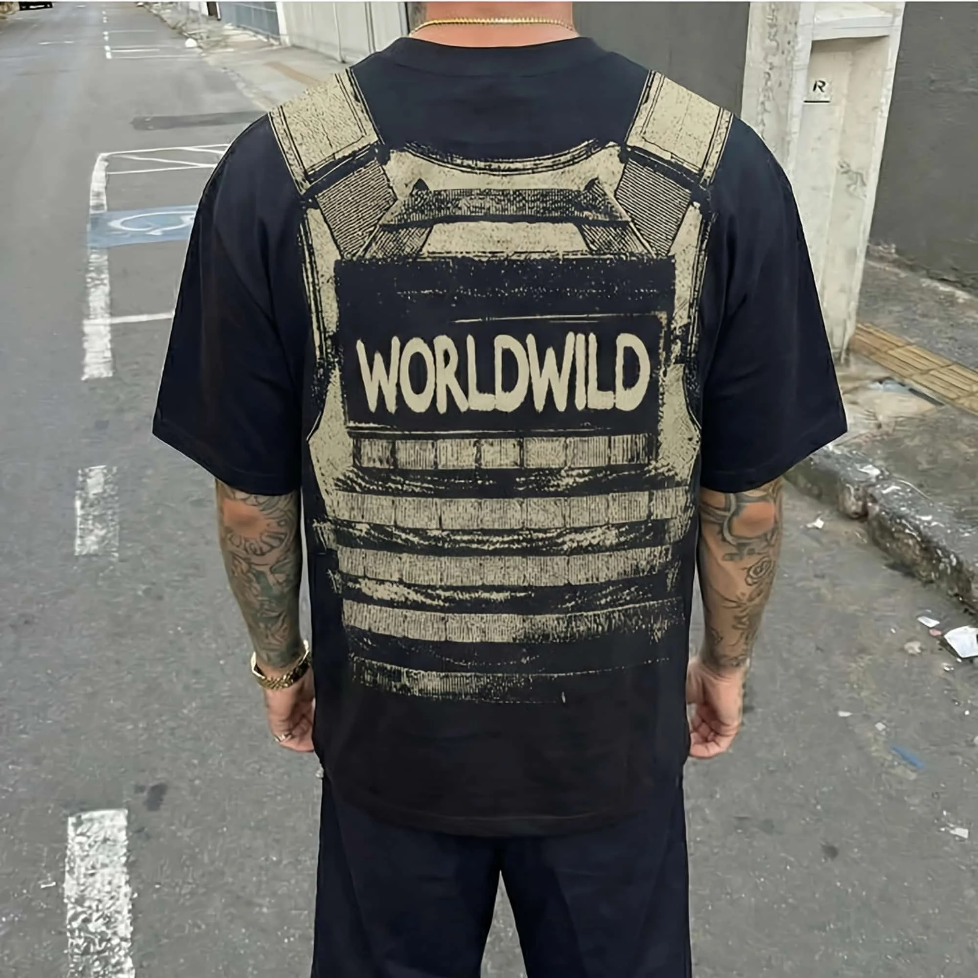 Hip Hop Streetwear Men T‑Shirt Tactical Plate Vest 3D Graphic Letter Print Short Sleeve Casual Oversized Tees For Men
