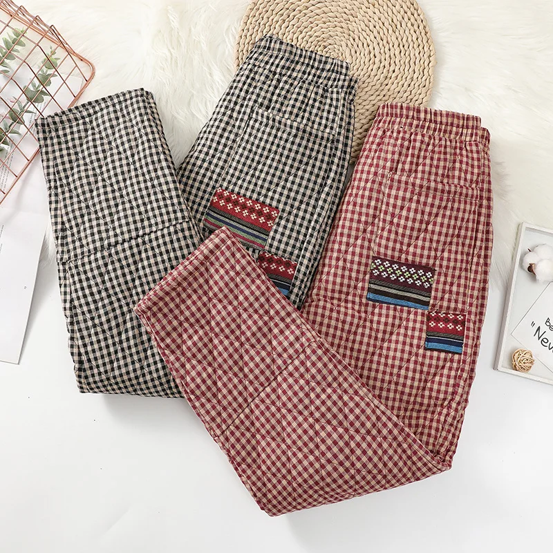 Thickened Cotton Pants Women's Patchwork Plaid Cotton Trousers Harlan Casual Warmth High Waist Long Pants Winter Wear