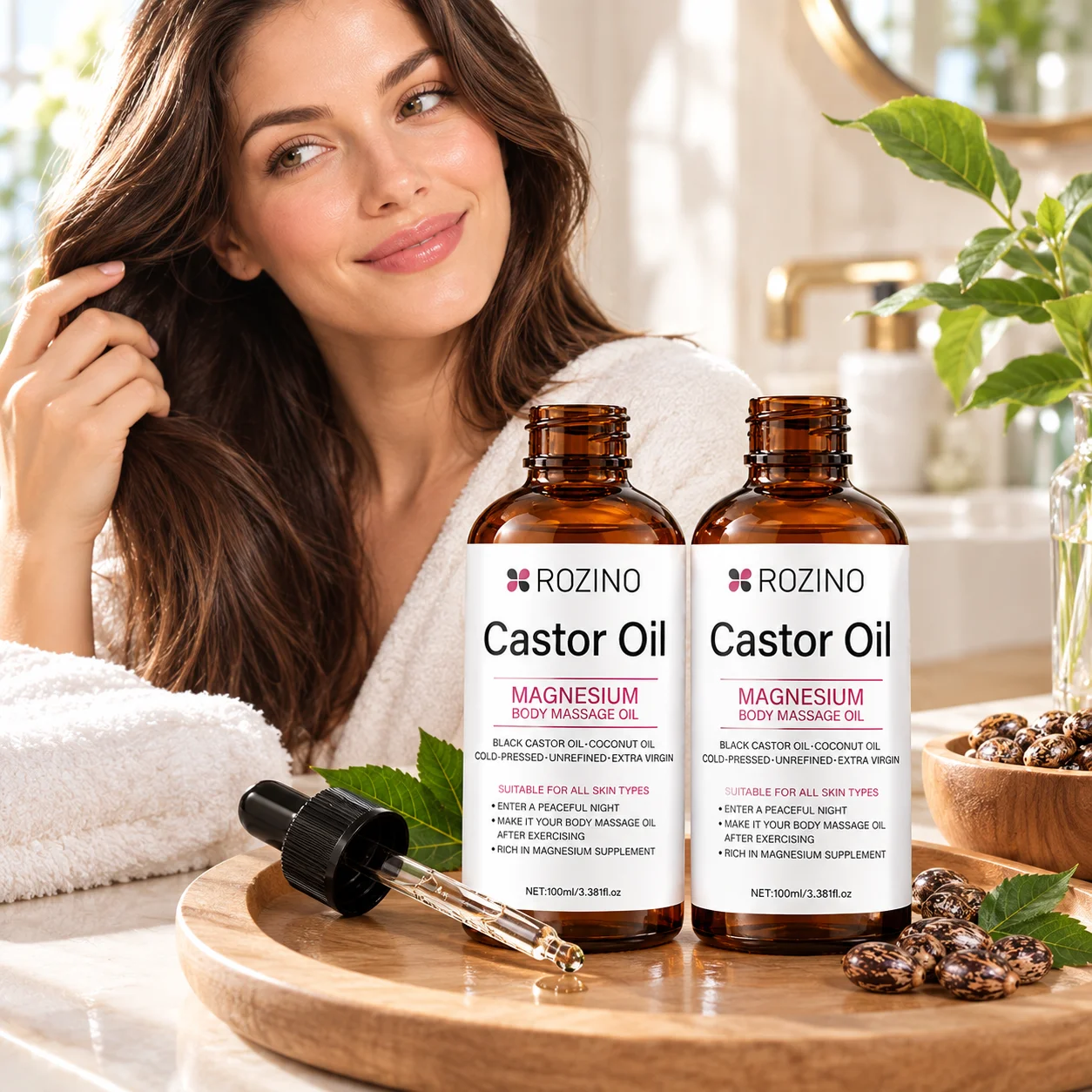 2Pcs Rozino Castor Oil Magnesium Body Massage Oil 100ml Cold Pressed Unrefined Extra Virgin Black Castor Coconut Oil Skin Care Oil for Full Body Massage Suitable for All Skin Types