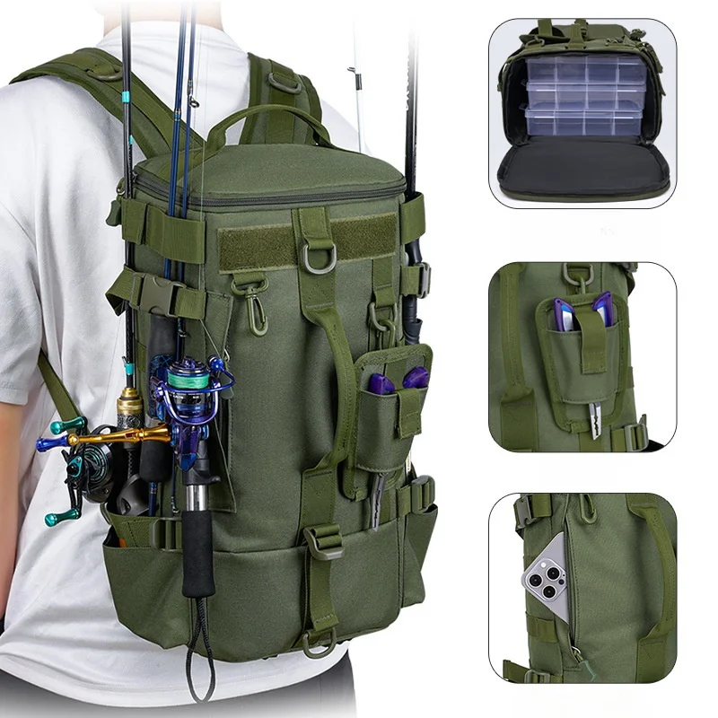 New Multifunctional Fishing Tackle Backpack Lightweight Tactical Soft Tackle Box Storage Bag with 4 Trays and Rain Cover