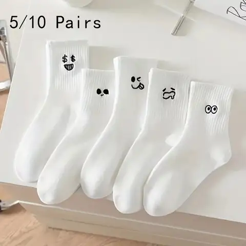 여성용 만화 양말, 라운드 미드 튜브, 귀여운 표현 패턴, 캐주얼 통기성, 가을 소녀 양말, 유행, 5/10 쌍