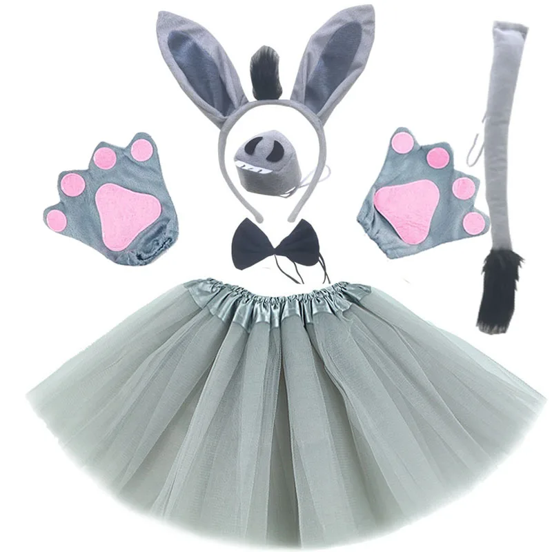 Animals Donkey Headband Bowtie Tail Gloves Tutu Skirt Anime Props Birthday Halloween Cosplay Costume for Kids Adult Dress