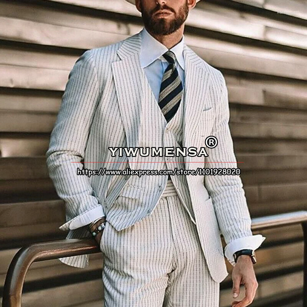 

White Stripe Suits Men Smoking Business Single Breasted Blazer Sets Tailored Made 3 Pieces Formal Dinner Party Groomsman Tuxedos