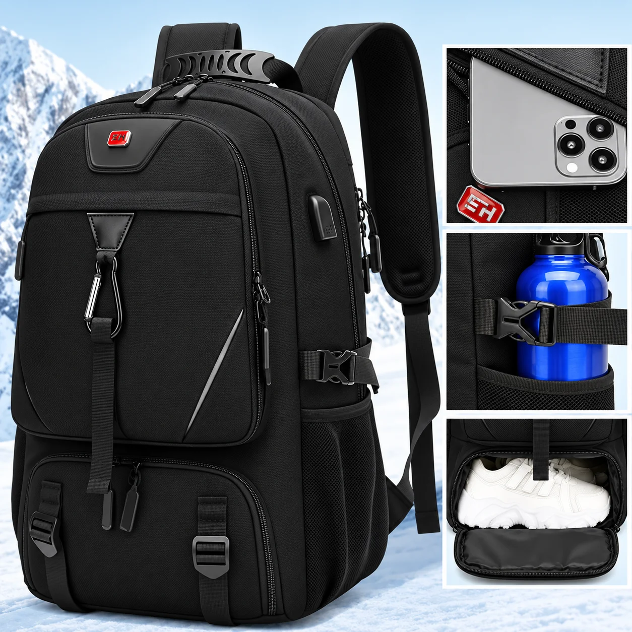 50L Großer Reise-Laptop-Rucksack, wasserdicht, mit USB-Ladeanschluss, Business-Outdoor-Wander-Camping-Rucksack mit 15,6-Zoll-Computerfach für Damen, Unisex, Herren, Outdoor-Sport-Rucksäcke, Mochila,