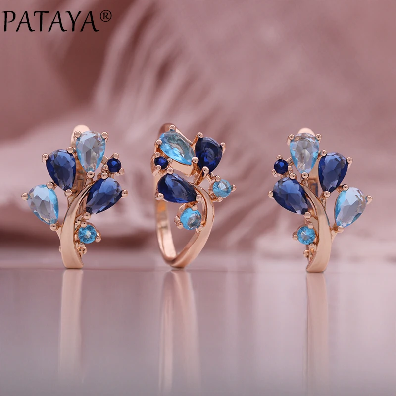 PATAYA Blue Leaf Shaped Micro Zirconia Earrings Ring Fashion Set 585 Rose Gold Color Jewelry Daily Fine Women\'s Set