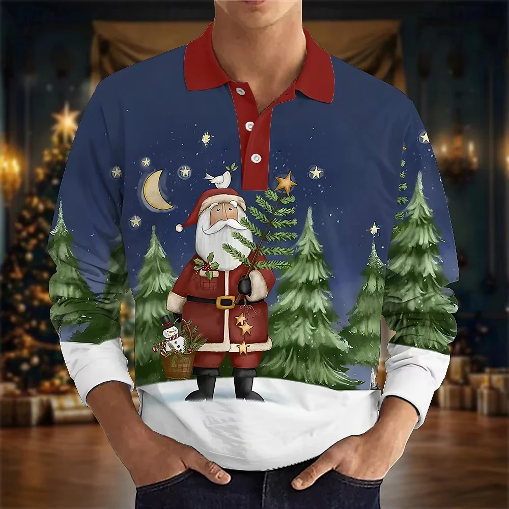 

Men's Long Sleeve Polo Shirts 3D Print Santa Claus Elk Casual Turndown Tee Shirts Outdoor Mens Oversized Polo Shirt Streetwear