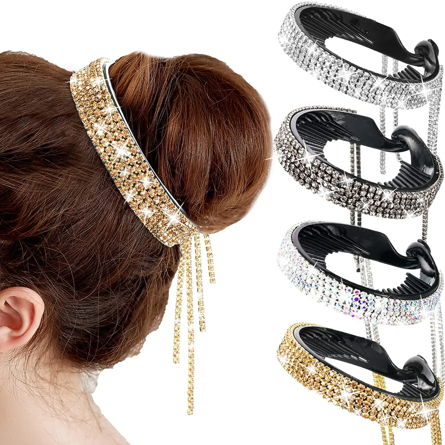 Women Elegant Luxury Rhinestone Hair Claws Crystal Tassel Ponytail Hairpin Hair Accessories for Wedding Party