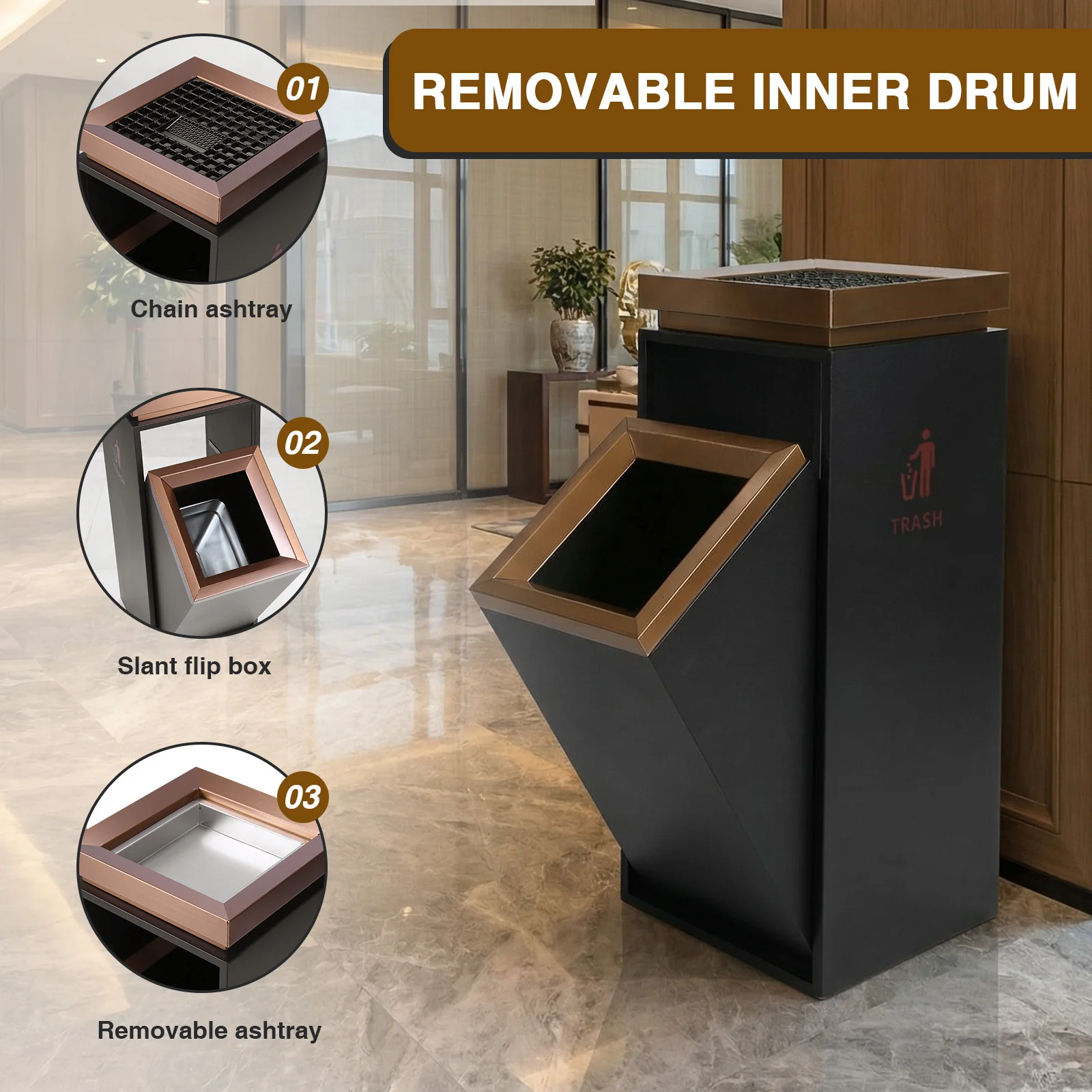

Commercial Outdoor Trash Can 16L Removable Inner Bucket Trash Bin with Ashtray/Lid Stainless Steel Garbage Can for Office