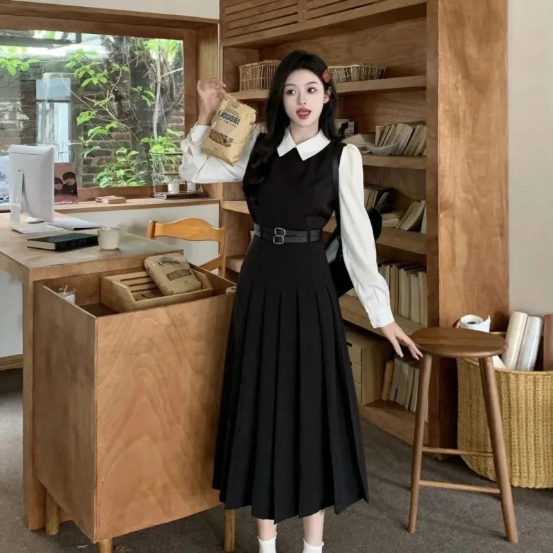 Primavera Autunno Nuovo abito in vita finto in due pezzi Stile college da donna Abiti lunghi e corti a pieghe di colore di grandi dimensioni