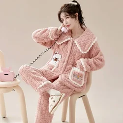 Women's Thickened Loose Size Pajamas Set Flannel Home Wear Cute Sweet Autumn Winter Loungewear Suit Warm Coral Velvet Sleepwear