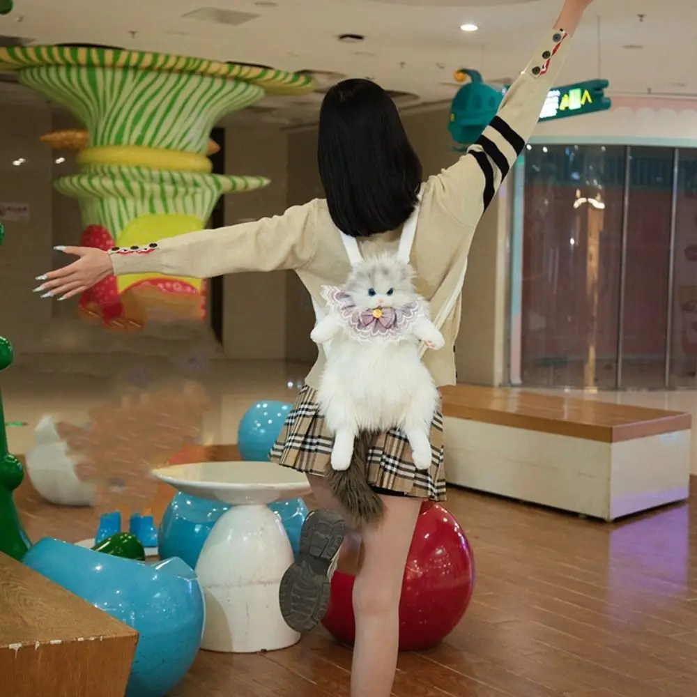 長髪ふわふわ猫人形バックパックラグドール猫蝶ネクタイかわいい女性のバックパック手作り白ぬいぐるみ猫バックパックキッズ子供